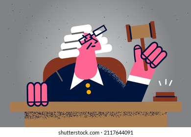 Male judge in wig hold hammer or gavel make verdict in court. Law and justice system. Legislation and power. Courtroom trial or tribunal. Flat vector illustration. 