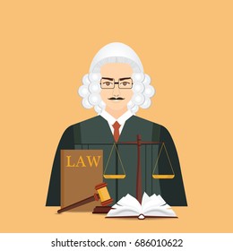 Male judge in wig with Law and justice set icon, Scales of justice, gavel and books in flat style, Conceptual justice and law Vector illustration.