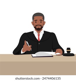 Male judge working at his desk in court. Flat vector illustration isolated on white background