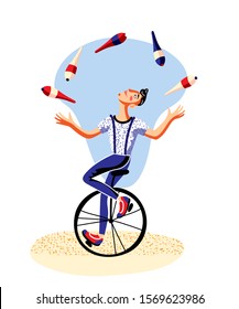 Male juggler with clubs riding unicycle on white. Circus actor juggling. Man artist character balancing on retro bicycle. Cirque show performance. Amusement and entertainment. Vector flat illustration