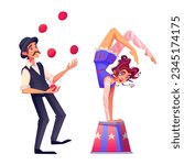 Male juggler and female acrobat isolated on white background. Vector cartoon illustration of circus performer juggling with balls, flexible contortionist standing on hands on podium. Talent festival