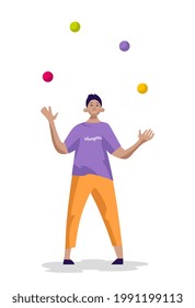 A male juggler throws up colored balls. Illustration in flat style.