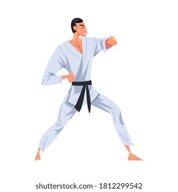 Male Karate Fighter Character in White Kimono Doing Karate, Japan Martial Art Cartoon Style Vector Illustration