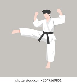 Male Karate Fighter in Martial Arts Pose Vector Illustration