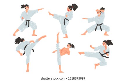 Male Karate Fighter in White Kimono Practicing Martial Art Set, Man Doing Karate Vector Illustration