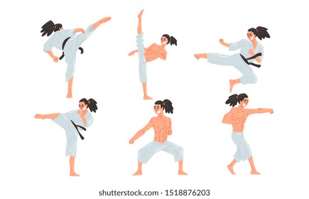 Male Karate Fighter in White Kimono Practicing Martial Art Set, Athlete Doing Karate Vector Illustration