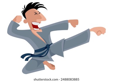 male karateka in a gray kimano jumping