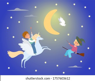 Male kid character ride unicorn, female person witch flying broom flat vector illustration. Miracle pegasus animal, magical night background. Children dream fairy girl and mage boy.