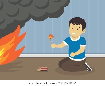 Male kid playing with matches at home. Child sets fire. Fire safety rule. Flat vector illustration template.