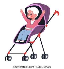 Male kid sitting in stroller and raising hands, cheerful boy in comfortable perambulator or buggy ready for embraces. Model of pram for children with safety seat and belt. Vector in flat style