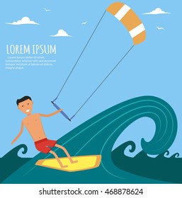 Male Kitesurfer Riding on Waves in the Sea