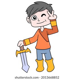 male knight standing carrying heirloom sword, vector illustration art. doodle icon image kawaii.