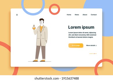 Male lab worker. Man in white coat holding chemical flask flat vector illustration. Laboratory, test, chemist concept for banner, website design or landing web page