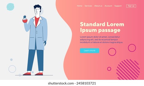Male lab worker. Man in white coat holding chemical flask flat vector illustration. Laboratory, test, chemist concept for banner, website design or landing web page
