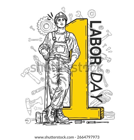 Male laborer with two hammers. Sharp line vector illustration on white background. Hand drawn illustration for various events such as Labor Day.