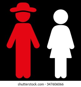 Male And Lady vector icon. Style is bicolor flat symbol, red and white colors, rounded angles, black background.
