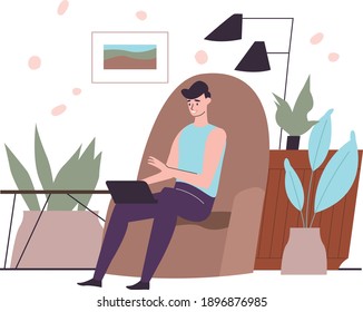 Male with laptop sitting on the armchair at home interior. Flat design illustration. Vector
