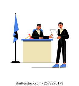 Male Lawyer Handing Document To Judge At Desk In Flat Vector Illustration Symbolizing Legal Process, Courtroom Procedures, And Justice, Isolated On White Background.