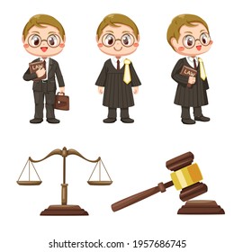 Male Lawyer holding Book of Law and Bag, Law judge man in black robe costume, Justice scales and wooden judge gavel, Law hammer in cartoon character, isolated vector illustration