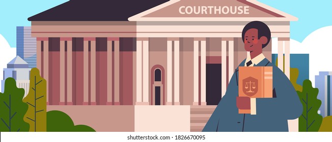 male lawyer holding judge book legal law advice justice concept courthouse building front view portrait horizontal vector illustration