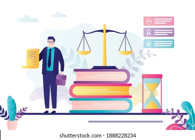Male Lawyer Holds License. Advocate Signed Business Agreement. Lawbooks And Scales On Background. Notary Helps People With Documents. Elements Of Law And Justice. Trendy Flat Vector Illustration