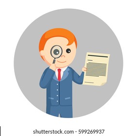 male lawyer looking legal document with magnifying glass in circle background