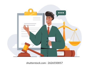 Male lawyer standing with documents, gavel, and scale, explaining legal case on clipboard background. Legal advice and justice concept. Vector illustration
