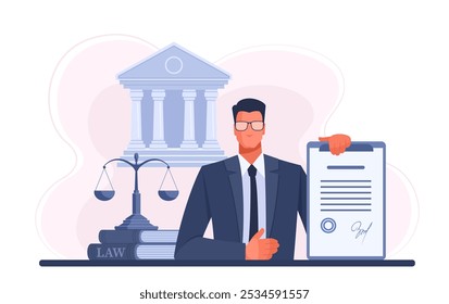 Advogado masculino em terno segurando contrato, balanças e tribunal nas proximidades. Conceito de serviços jurídicos para negócios, conclusão de negócios, contrato. Advogado, serviços de advocacia. Ilustração vetorial em azul.