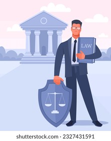 A male lawyer in a suit stands near the court house, holding a law book and a shield with scales in his hands. The concept of justice, services of a lawyer, protection in court. Vector illustration.