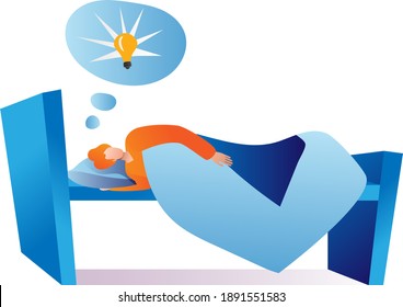 Male laying comfortably bed and sleep, brainstorming creative new business idea cartoon vector illustration, isolated on white. Brilliant concept dream thought, electric lamp genius reason.
