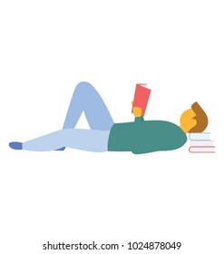 Male laying down and reading book, flat vector icon 