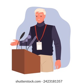 Male leader with glasses and black formal suit presenting confident speech with hand up, person standing at tribune cartoon vector illustration. Man speaker speaking from podium with microphone