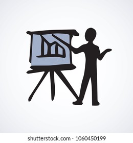 Male learner figure at chart diagram isolated on white background. Course talk idea concept. Freehand linear black ink hand drawn picture emblem sketchy in art modern doodle cartoon style pen on paper