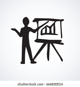 Male learner figure at chart diagram isolated on white background. Course talk idea concept. Freehand linear black ink hand drawn picture emblem sketchy in art modern doodle cartoon style pen on paper