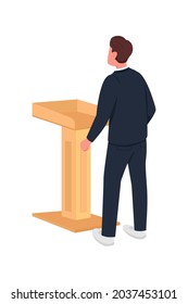 Male lecturer behind lectern semi flat color vector character. Standing figure. Full body person on white. Graduation speech isolated modern cartoon style illustration for graphic design and animation