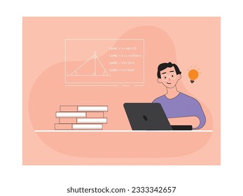 Male lecturer with glasses explaining math formula lessons via virtual laptop, professional job man. Character designs. Vector flat illustration