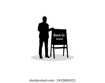 Male lecturer, lecture, speech for audience. Vector silhouette of a male white signs.