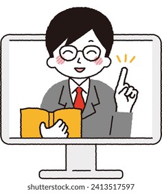 A male lecturer looking at a computer monitor. A businessman giving an explanation at an online seminar.