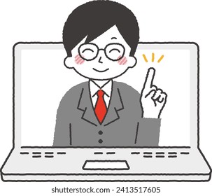 A male lecturer looking at a computer monitor. A businessman giving an explanation at an online seminar.