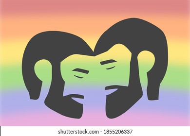 Male lgbt couple heads silhouette on blurred lgbt flag background. Lgbt love