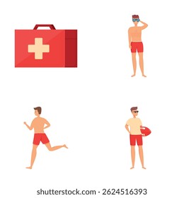 Male lifeguard icons set cartoon vector. Lifeguard man character doing his job. Water vacation safety
