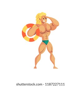Male lifeguard with lifebuoy looking into the distance, muscular professional rescuer on duty vector Illustration on a white background