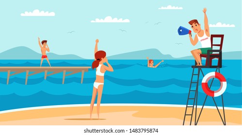 Male lifeguard on beach flat vector illustration. Professional rescuer sitting on lookout tower and yelling in loudspeaker, woman and boy helping child in water cartoon characters. Beach rescue