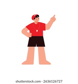 Male Lifeguard Pointing and Giving Safety Advice – Flat Vector Illustration