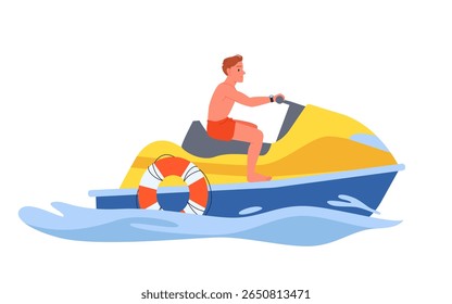 Salva-vidas masculino andando de jet ski no oceano ou água do mar salpicos. Jovem no barco seadoo com boia salva-vidas segura correndo para salvar afogamento pessoas, guarda de emergência em aquabike desenho animado vetor ilustração
