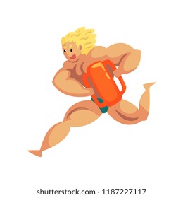 Male lifeguard running with life preserver buoy, muscular professional rescuer on duty vector Illustration on a white background