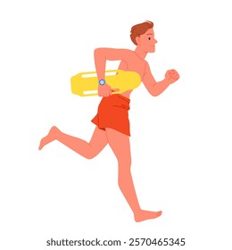 Male lifeguard running to save drowning man in water. Man in red shorts holding yellow rescue torpedo buoy, safety emergency equipment for first aid to drowning victim cartoon vector illustration