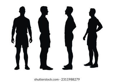 Male lifeguard silhouette on a white background. Beach lifeguards wearing uniforms. Muscular men standing silhouette bundle. Male lifeguards with anonymous faces. Beach guards silhouette collection.