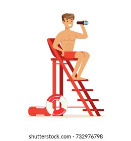 Male lifeguard sitting on lookout tower and looking at binoculars, professional rescuer on the beach vector Illustration
