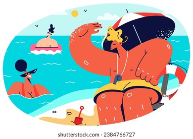 Salvavidas masculinos sentados en la torre de la playa mirando al mar. Un hombre rescatista observando nadadores en el agua. Salvavidas a orillas del mar. Ilustración vectorial.